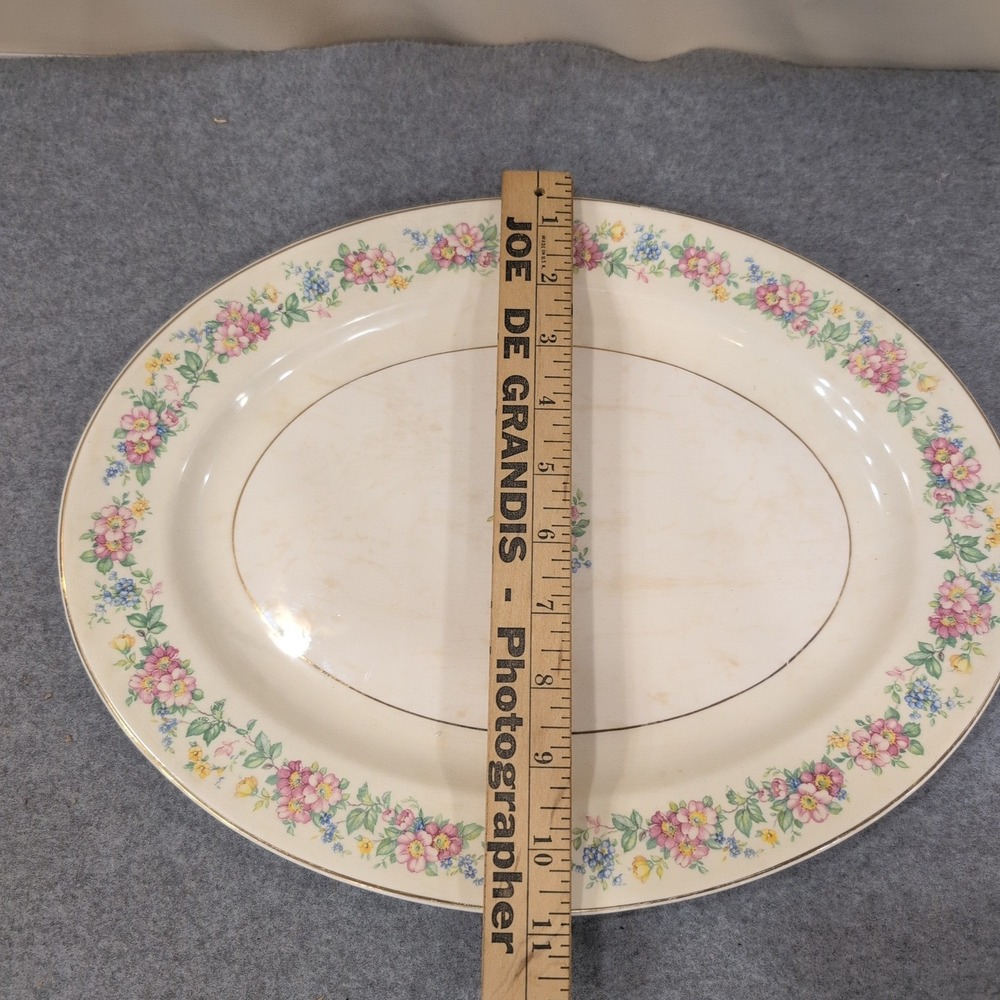 The Harker Pottery Co Vintage Floral Oval Serving Platter Gold Trim Made in USA - Picture 6 of 8